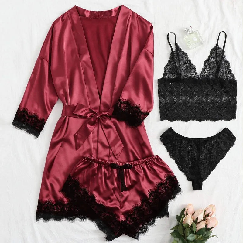Sexy Women Home Dressing Gown Lingerie Lace Patchwork Satin Robe Set Nightwear Casual Sleepwear Kimono Bathrobe Home Nightdress - Matrix-studios.com