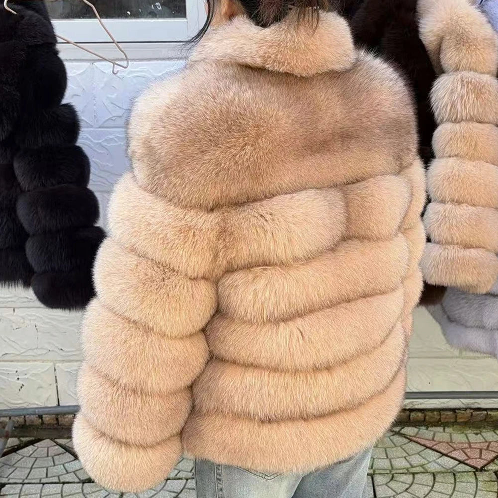 QUEENTINA Winter New Women's Cold Real Fox Fur Coat With Collar Especially Overcoat Leather Female Natural Plus Size 2023 Luxury - Matrix Studios