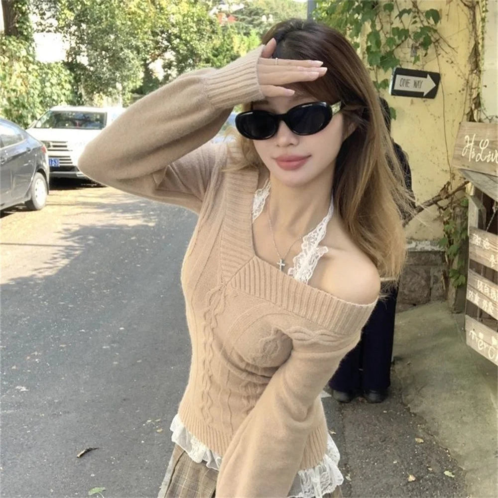 Fashion Vintage V-neck Knitted Tops Women 2025 Early Autumn New Sweaters Pullover Slim Long Sleeve Pullovers Sexy Gray Jumpers - Matrix Studios