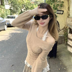 Fashion Vintage V-neck Knitted Tops Women 2025 Early Autumn New Sweaters Pullover Slim Long Sleeve Pullovers Sexy Gray Jumpers - Matrix Studios