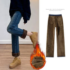 Winter Thickened Women's Mink Velvet Jeans Loose Straight Warm Soft Fleece Fashion Elastic High Waist Female Pants Black Blue - Matrix-studios.com