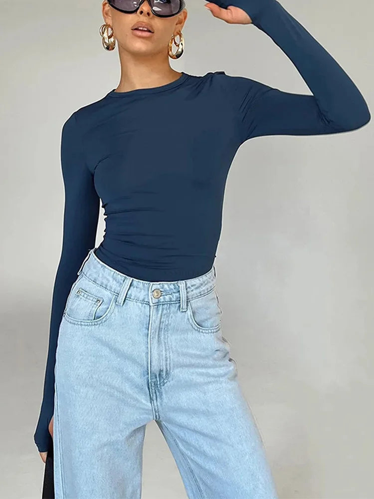 Fashion Women T-shirt Long Sleeve Crew Neck Solid Slim Fit Ladies Crop Top with Thumb Holes for Daily Streetwear Summer Camis - Matrix-studios.com
