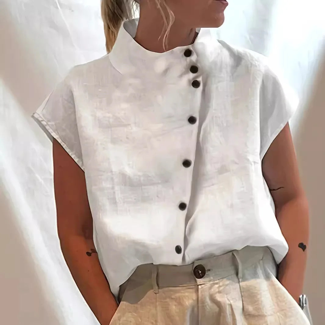 Summer Cotton Short Sleeve Blouse Women 2025 Fashion Button Stand Collar Loose Shirts And Blouses Tops Casual - Matrix-studios.com