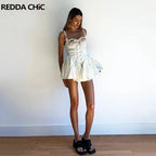 REDDACHiC Floral Satin Women Rompers Stitch Lace Corset Square Neck Buttoned Camisole Mini Dress Pretty Elegant Summer Clothes - Matrix Studios