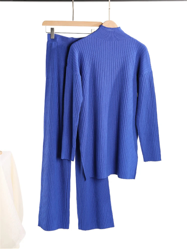 Autumn Winter 2 Pieces Women Sets Knitted Tracksuit Turtleneck Sweater and Straight Jogging Pants Suits - Matrix-studios.com