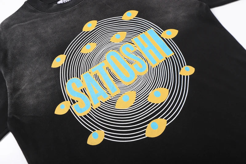 Summer Vintage Distressed Washed Hole SATOSHI Tshirts Cotton Black Circular Line Pattern Short Sleeve Men Women Street Outfit - Matrix-studios.com