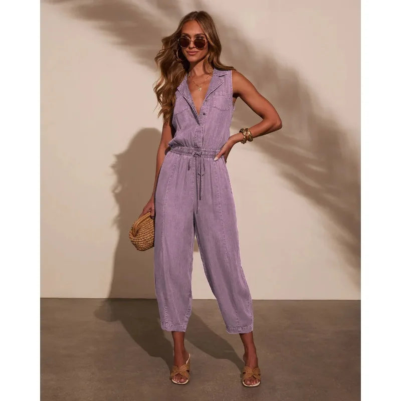 Women Jumpsuits Sleeveless Denim Pants One Piece Drawstring Pockets Rompers Solid Spliced Casual Button Jeans Overalls - Matrix Studios