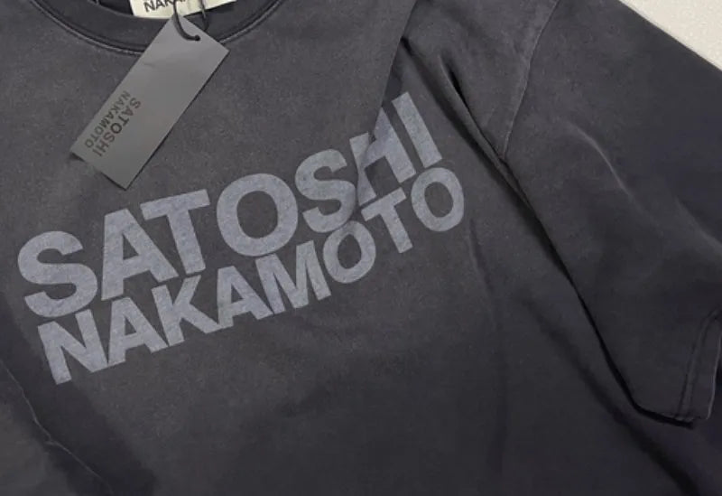 Classic Letter Print Summer Basics Tees Cotton SATOSHI Tshirt Hiphop Street Washed Black Holes Round Neck Short Sleeve Men Women - Matrix-studios.com