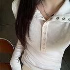 Y2K High Street Women Sweaters New Gray White Button Up Bottoming Pullover Woman Slim Fit Long Sleeve Knitted T-Shirt - Matrix Studios