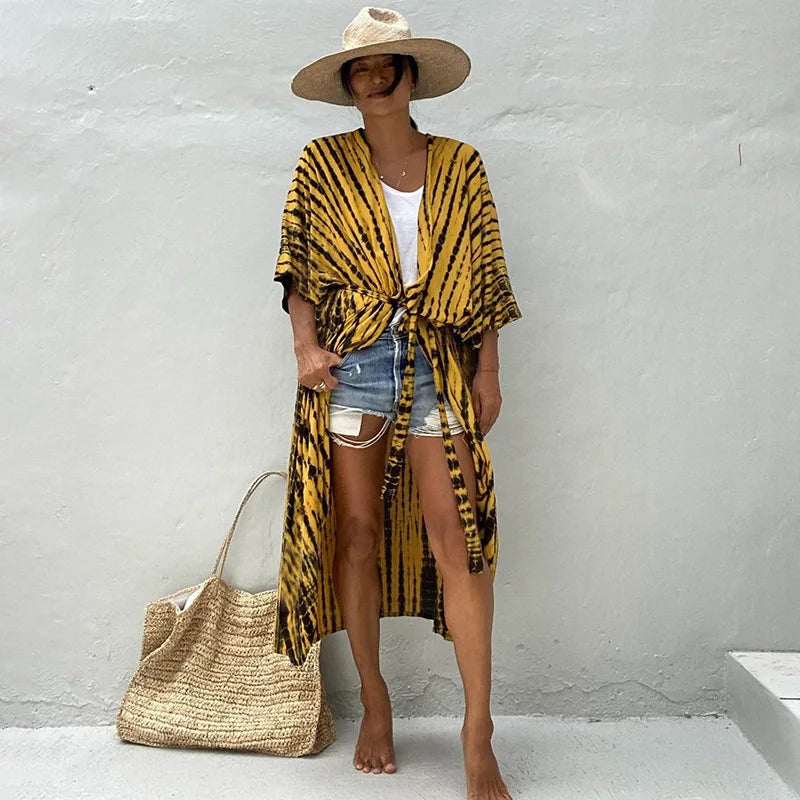 Beach Cover Ups for Swimwear Women Black Tie Dye Kimono Swimsuit Cape Summer Dress 2022 Beachwear Outfits Sales - Matrix Studios