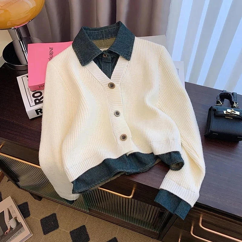 2025 Autumn Winter New Retro Fake Two-Piece knitted Cardigan Sweater Women's Fashion Spliced Denim Short Coat Female Casual Tops - Matrix Studios