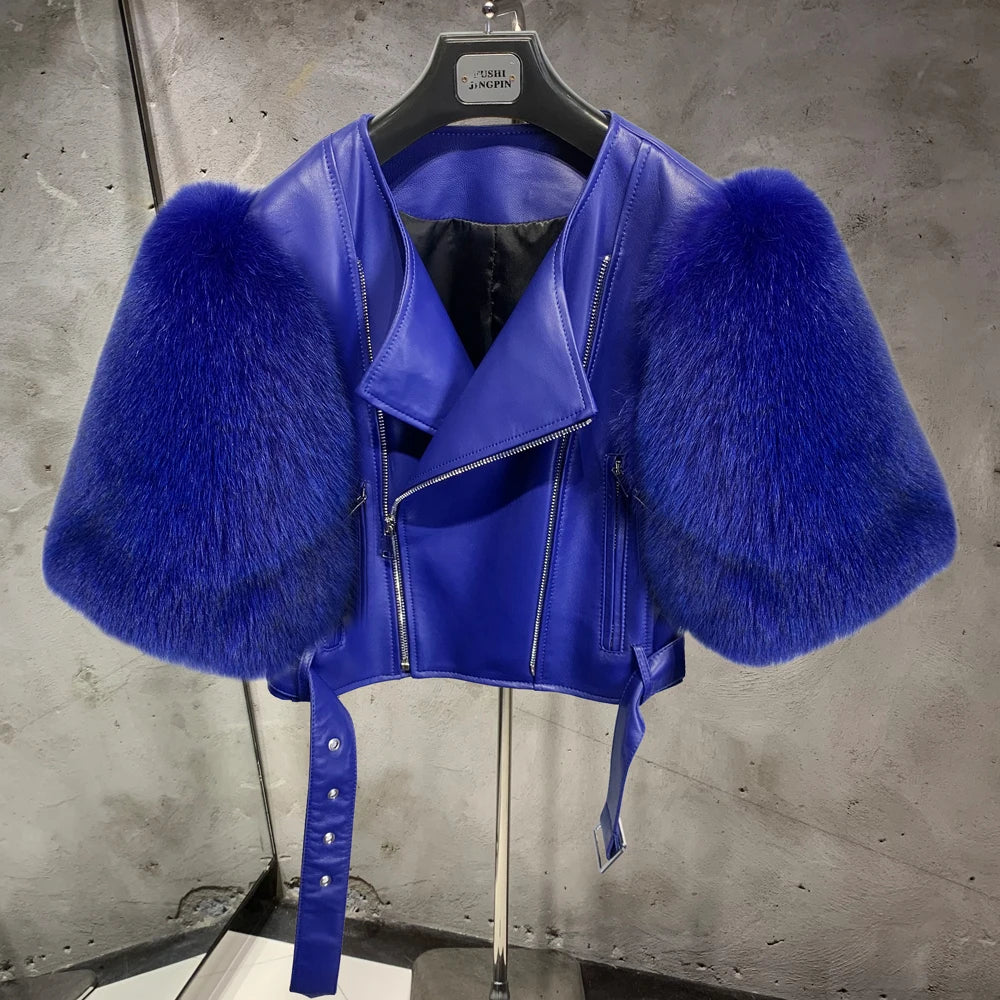 Leather Fur Jacket Natural Fur Sleeve Ladies Short Leather Jacket Real Fox Fur Sleeve Coat Women Autumn 21001-1 - Matrix Studios