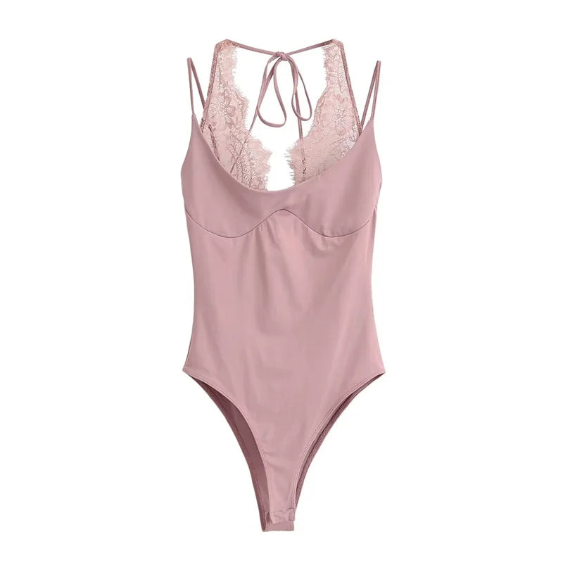 Women's Jumpsuit 2026 Spring New Solid Color Halter Neck Lace Splice Sexy Slim-Fit Romper Personalized Fashion - Matrix Studios