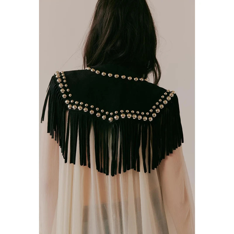 Combhasaki Women's Y2k Vintage Studded Suede Vest Coat 70s Hippie Outfits Sleeveless Open Front Tassel Patchwork Vest Collar - Matrix Studios