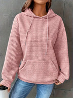 Women Short Length Waffle Knit Hoodie Solid Black Drawstring Pullover Sweatshirt Front Kangaroo Pocket Long Sleeve Casual Tops - Matrix Studios