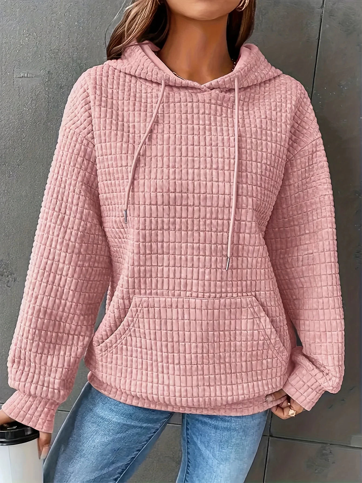 Women Short Length Waffle Knit Hoodie Solid Black Drawstring Pullover Sweatshirt Front Kangaroo Pocket Long Sleeve Casual Tops - Matrix Studios