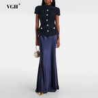 VGH Chic Two Piece Sets for Women Stand Collar Short Sleeves Spliced Pocket Tweed Top High Waist Maxi Skirts Vintage Suit Female - Matrix-studios.com