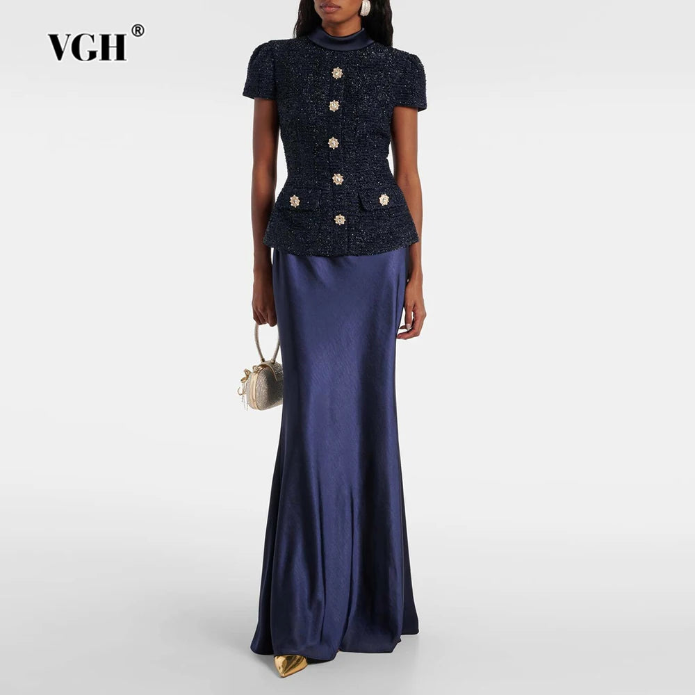 VGH Chic Two Piece Sets for Women Stand Collar Short Sleeves Spliced Pocket Tweed Top High Waist Maxi Skirts Vintage Suit Female - Matrix-studios.com