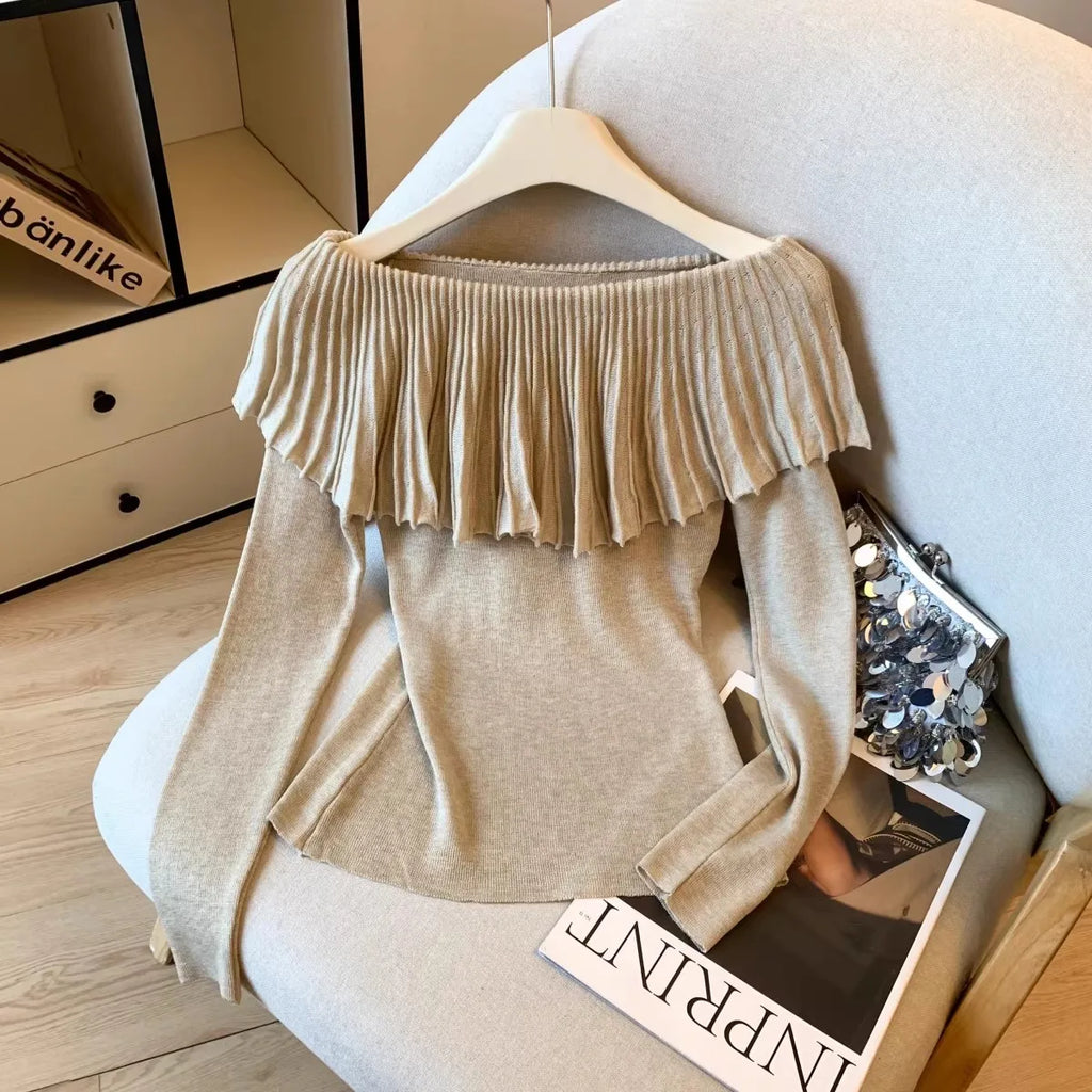 Women's Solid Color Slash Neck Ruffles Sweater Short Pullover Korean Fashion Chic Retro Style for Autumn Winter - Matrix Studios
