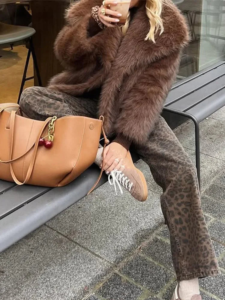Brown Fluffy Fur Jacket Women's Casual Lapel Loose Long Sleeves Thicken Warm Short Coat 2025 Winter New Lady Commute Streetwear - Matrix Studios