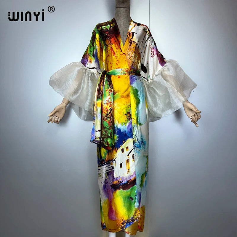 WINYI Summer Kimono Party Dress Beach Wear Swim Suit Cover Up African Women Loose Puff(ed) Sleeves Cardigan Boho Holiday Kaftan - Matrix Studios