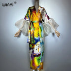 WINYI Summer Kimono Party Dress Beach Wear Swim Suit Cover Up African Women Loose Puff(ed) Sleeves Cardigan Boho Holiday Kaftan - Matrix Studios