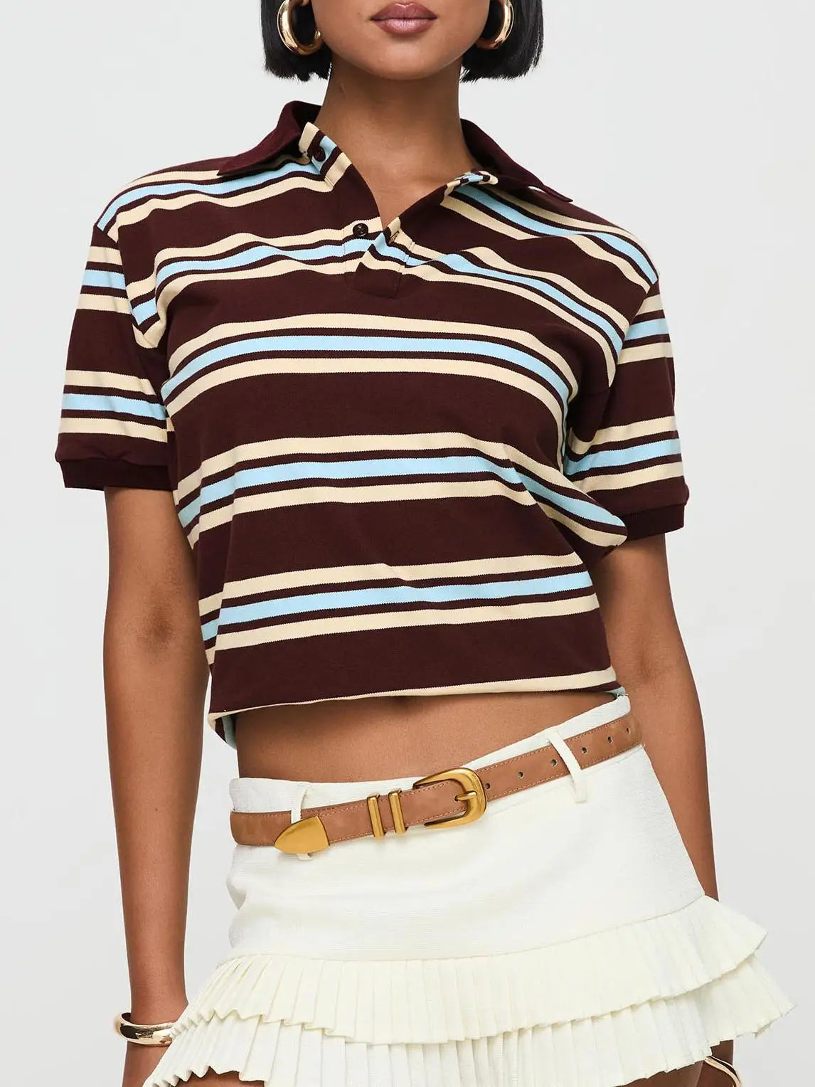 Summer Ladies Polo Shirts Woman Brown Striped Vintage Clothes Polo Shirts Green Stripe Print Mujer Short Sleeve Tees Casual - Matrix-studios.com