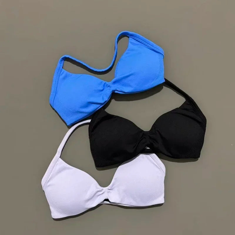 HISTELLO Strappy Bra Gym Top Women High Support Thin Strap Halter Sports Seamless Bras Scrunch Push-up Workout Yoga Tank Tops - Matrix Studios
