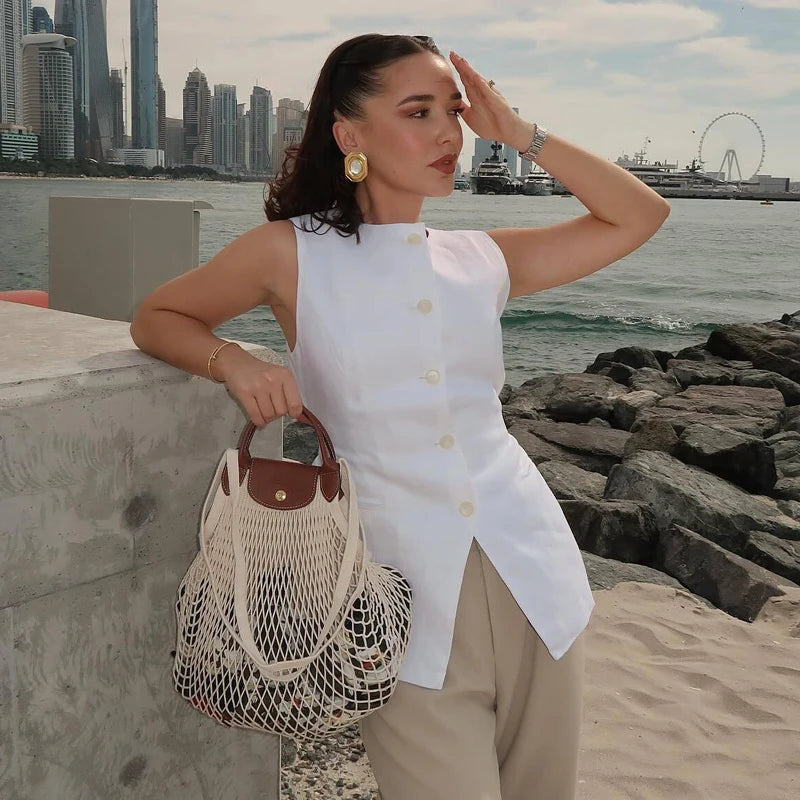 MUJER 2025 White Sleeveless Vest Women Button Summer Vests for Women Jacket Pink Vest Top Women Streetwear Women's Tailored Vest - Matrix Studios
