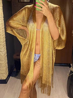 Swimsuit Cover-ups  Fashion Tassel Gold Bikini Beach Cover Up Sexy Beach Dress Tunics for Women Summer Wear See Through - Matrix Studios