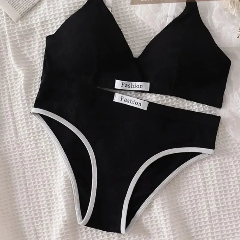 Women Cotton Bra Set Sexy Briefs Low Waist Panties Wire Free Bralette Sport Lingerie Vneck Brassiere Female Underwear Set - Matrix-studios.com