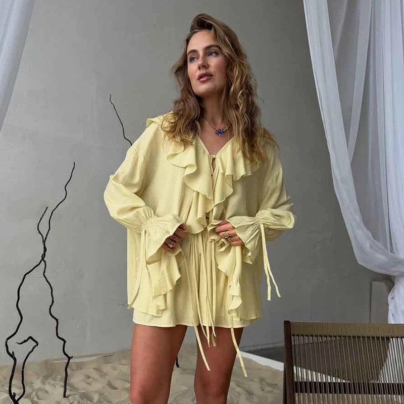 Tornova Women's Ruffled Shorts Sets V Neck Loose Lace Up Shirt Loose Through Sexy Casual Shorts Female Spring New Matching Sets - Matrix-studios.com