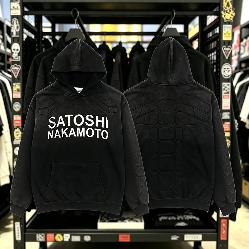 Street Casual SATOSHI Hoodies Pullover Embossed Pattern Embroidery Turtle Shell Design Washed Hooded Men Women Loose Sweatshirts - Matrix-studios.com