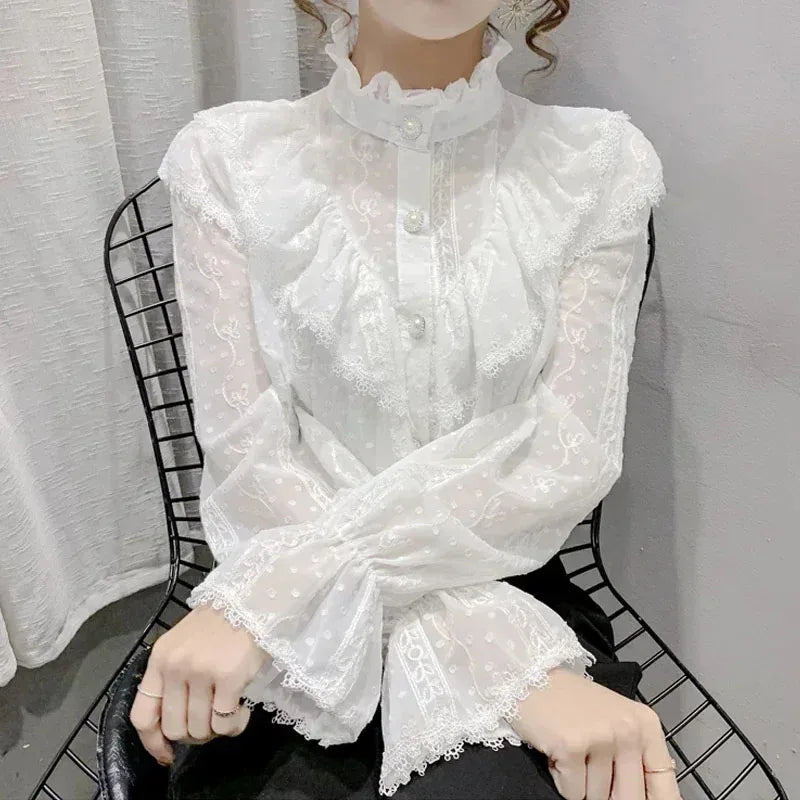 Long Sleeve Loose Spring Fashion Button White Shirt Elegant Stand Collar Pleated Tops Casual Ruffle Lace Blouse Blusas 15832 - Matrix-studios.com