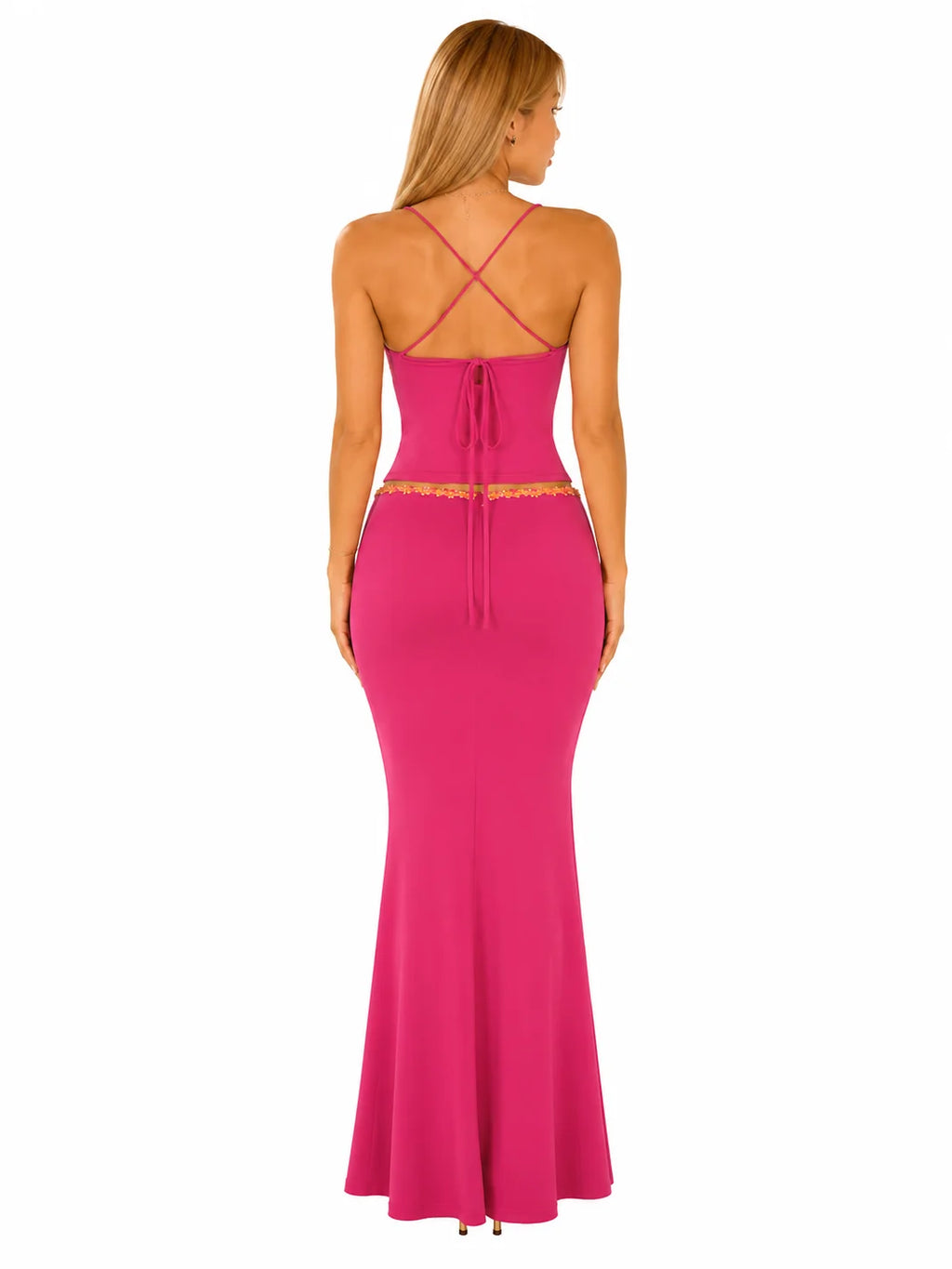 Women 2 Piece Outfit Spaghetti Strap Ruched Cami Top Floral Trim High Waist Mermaid Maxi Skirt Set Summer Beach Vacation Matching Outfits - Matrix-studios.com