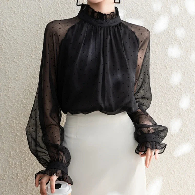 Spring Summer Black Polka Dots Mesh Women's Chiffon Blouses 2025 New Long Sleeve Stand Collar Vintage Loose Shirts Female - Matrix-studios.com