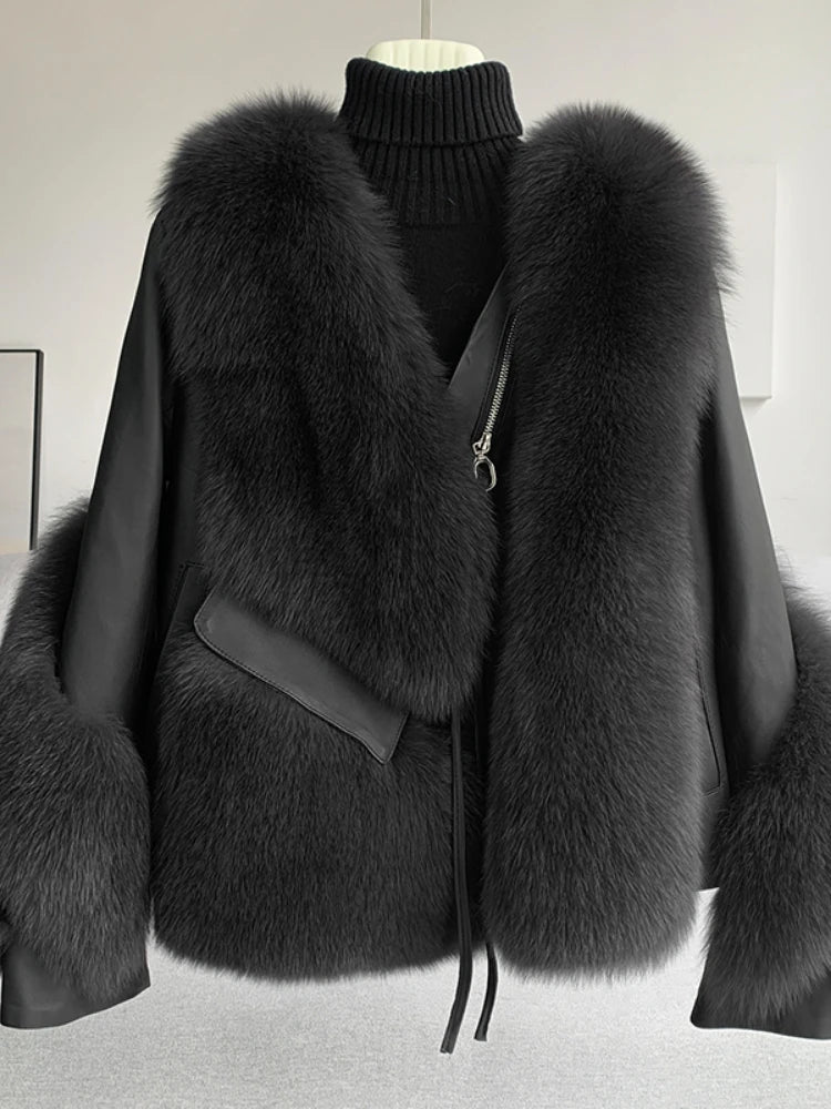 OFTBUY 2022 Real Fur Coat Winter Jacket Women Natural Fox Fur Genuine Leather Outerwear  Streetwear Locomotive Thick Warm New - Matrix Studios