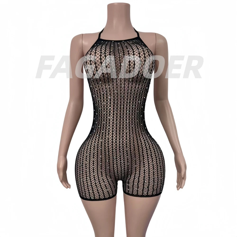 FAGADOER Sexy Hollow-out Rhinestone Patchwork Bodycon Rompers Woman Halter Sleeveless Backless Jumpsuits Female Party Clubwear - Matrix Studios