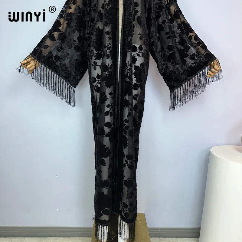 WINYI Middle East Coat Muslim Fashion Kaftan kimono maxi Robes Streetwear Open Abaya Perspective elegant dress beach cover up - Matrix Studios