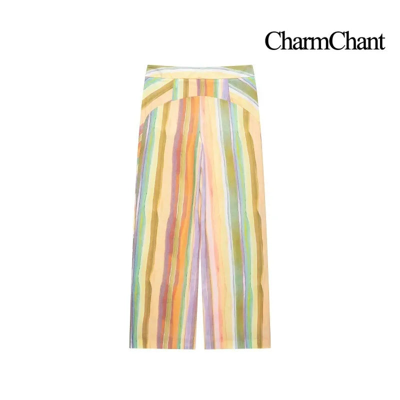 CHARMCHANT Women's Colorful Stripe Two Piece Outfit Halter Backless Tie Top Wide Leg Trousers Holiday Matching Suit Summer 2026 - Matrix-studios.com