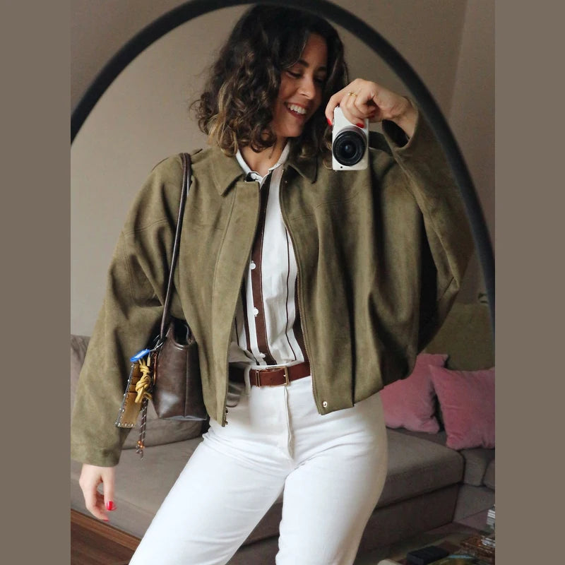 HXAO Women's Bomber Jacket Lapel Long Sleeve Zipper Suede Jacket Women 2025 High Street Cropped Racing Jackets Coats Outerwears - Matrix-studios.com