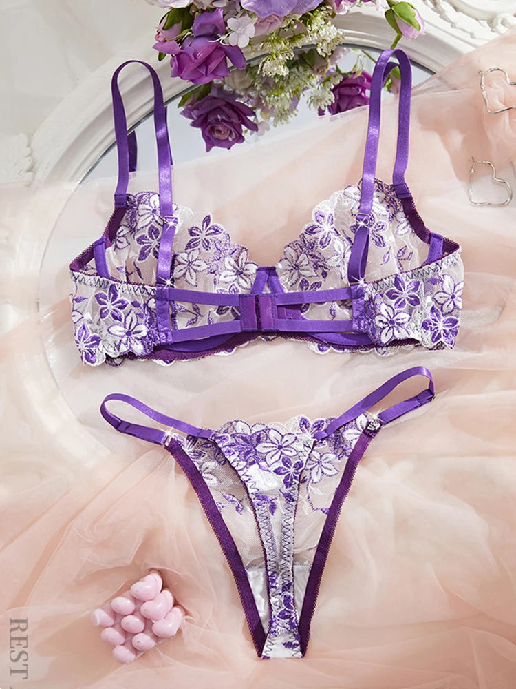 Sexy Female Lingerie Ultra Thin Bra Set Romantic Underwear Beautiful Embroidery Lace Lingerie Translucent Underwear Erotic Sets - Matrix-studios.com