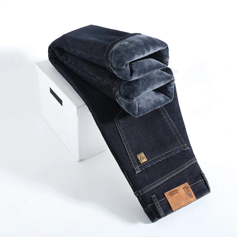 Winter Warm Fleece Jeans Men's Thick Thermal Casual Straight Denim Pants Male Business Work Stretch Trousers New Clothing - Matrix Studios