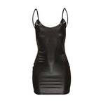 Sexy Faux Leather Dress Backless Club Party Short Dress Solid Black Wet Look Latex Bodycon Push Up Bra Mini Micro Dress - Matrix-studios.com