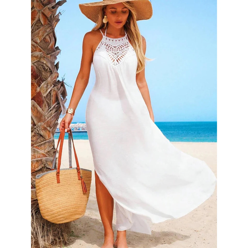 Vacation Style Bikini Sun Protection Cover Up, Sexy Side Slit Transparent Elegant Long Dress, Loose-Fitting Plain Design - Matrix Studios