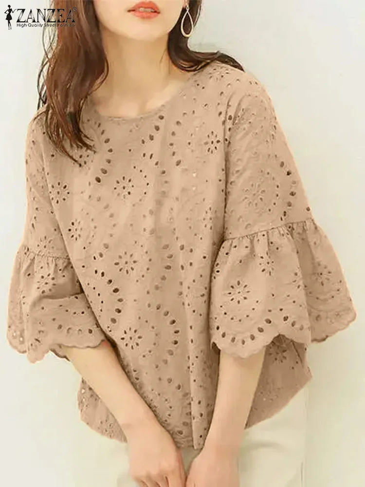 ZANZEA Fashion Summer 3/4 Sleeve Hollow Out Blouse Women Elegant Lace Crochet Tops Casual Loose Embroidery Shirt Work Blusas - Matrix-studios.com