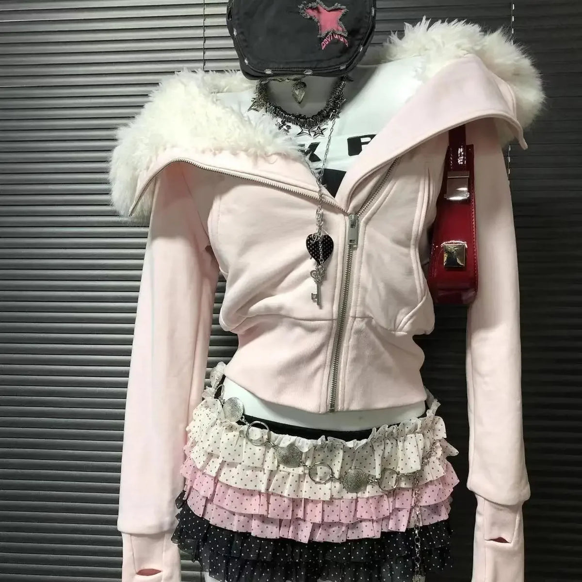 American Vintage Pink Furry Hoodie Women Y2K Harajuku Faux Fur Collar Jacket Fashion Slim Waist Belted Hot Girl Sweatshirt New - Matrix Studios