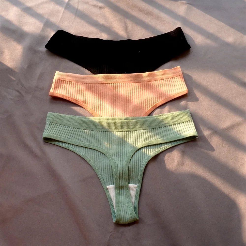 3 Pcs Seamless Ladies Ribbed Cotton Thong Simple Women's Low Waist Bikini Briefs Sports Girls Underwear Plus Size - Matrix Studios