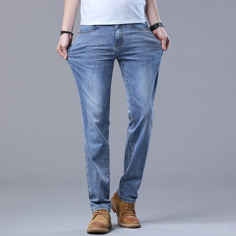Spring Men's Light Blue Slim Jeans Stylish Casual Stretch Fabric Denim Pants Classic Trousers Smoke Gray - Matrix Studios