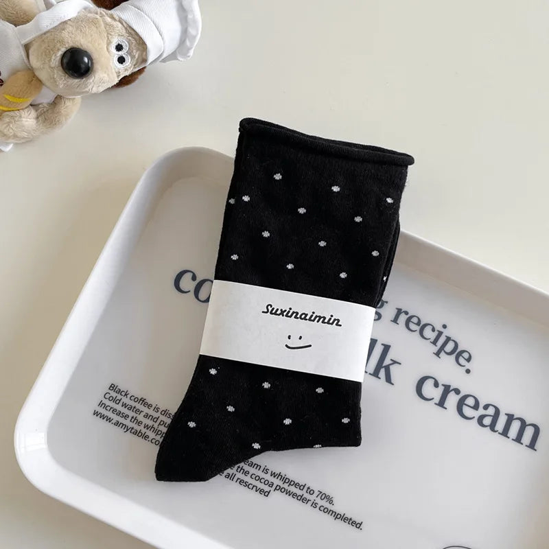 Women's spring summer thin vintage cream curled-edge women's socks polka dot mid-tube socks artistic socks women - Matrix Studios